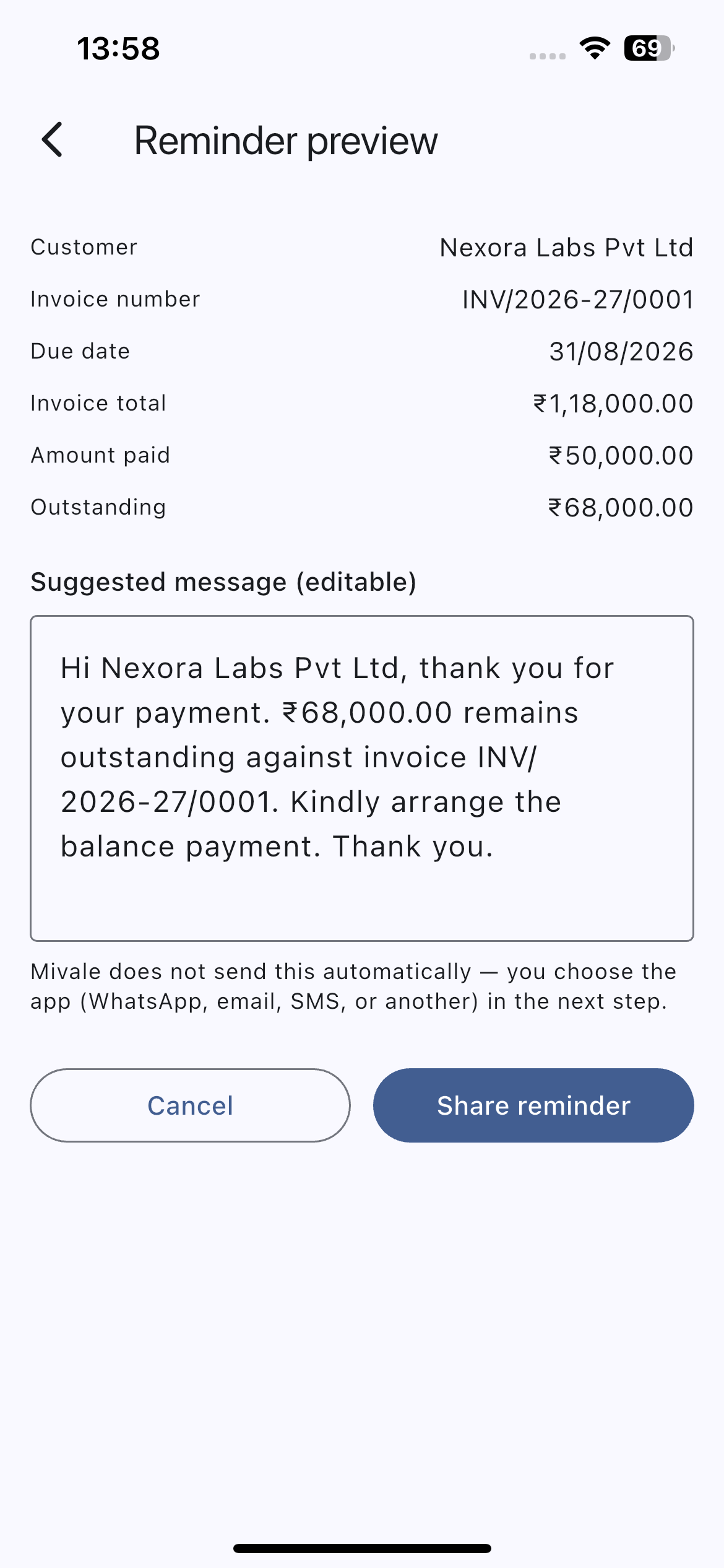 Mivale payment reminder screen
